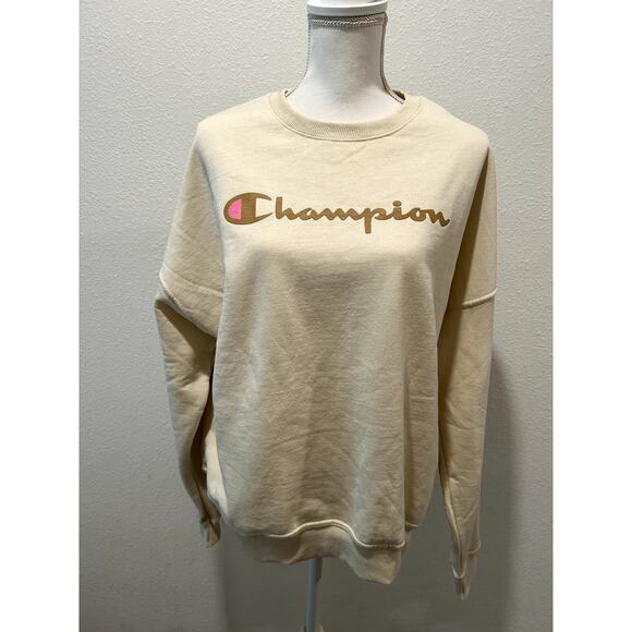 CHAMPION Women's Logo Fleece Crewneck Sweatshirt In Fresh Skin Tan Size XL B47 - Picture 1 of 6